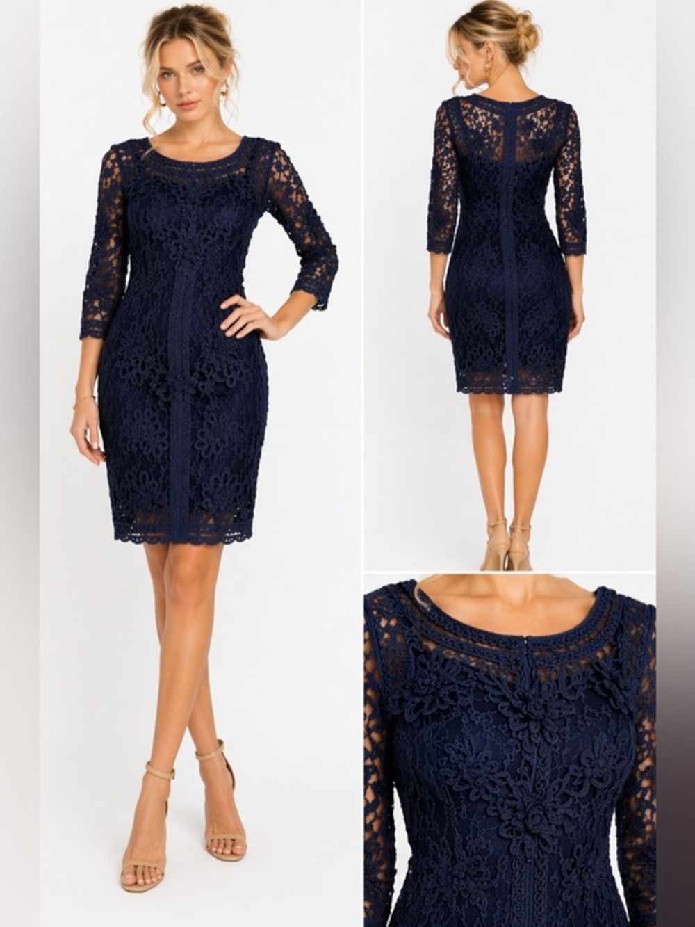 Sue Wong Navy Lace Embroidered Cocktail Dress Size 2 Sheer Sleeve designer